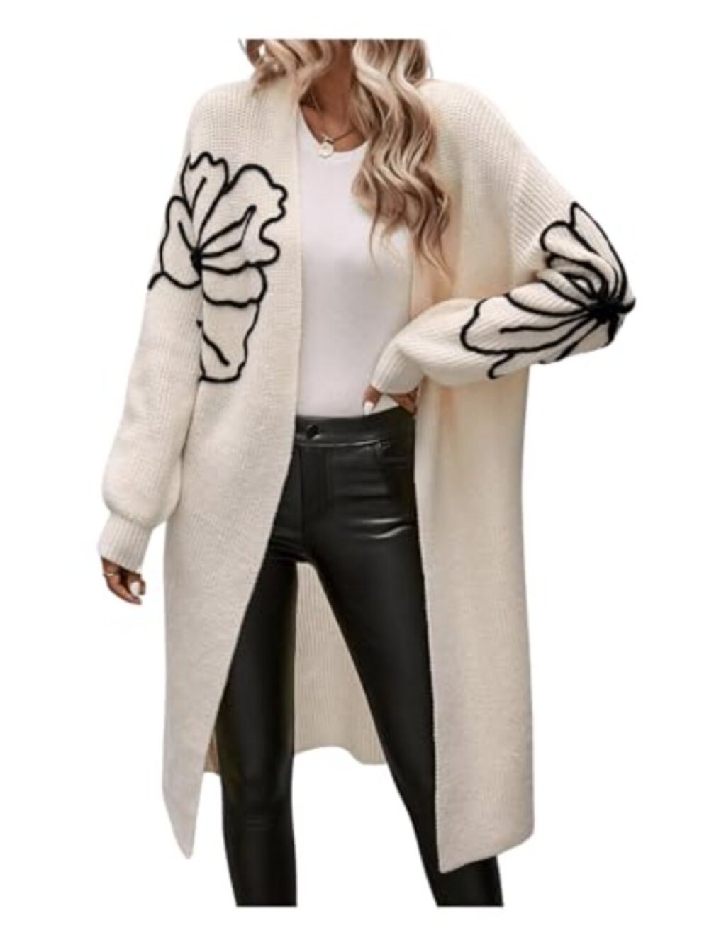Women's Floral Pattern Open Front Long Sleeve Cardigan Sweater Loose Casual Knit